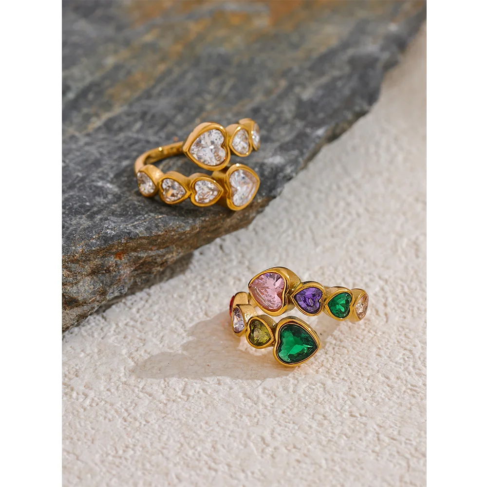 Anel delicado zircônia cúbica coração aço inoxidável cor dourada ajustável moda anel aberto de alta qualidade chique charme joias