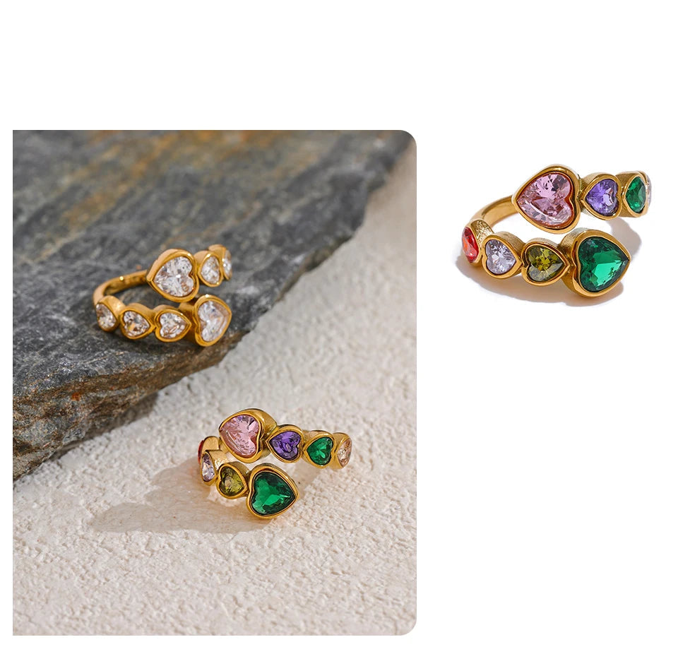 Anel delicado zircônia cúbica coração aço inoxidável cor dourada ajustável moda anel aberto de alta qualidade chique charme joias