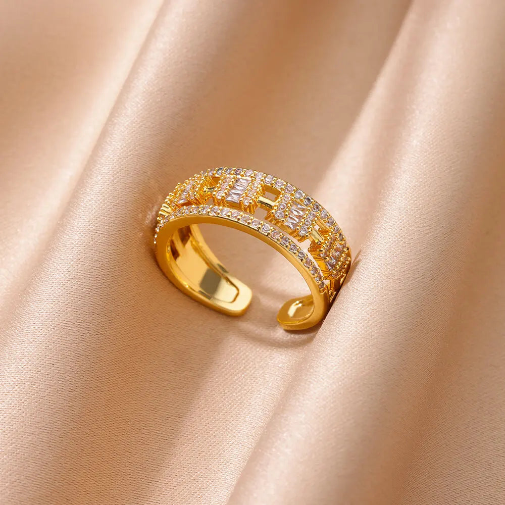 Anéis geométricos vintage de camada dupla para mulheres, aço inoxidável, cor dourada, anel de casamento ajustável, joias estéticas, presente