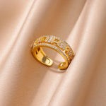 Anéis geométricos vintage de camada dupla para mulheres, aço inoxidável, cor dourada, anel de casamento ajustável, joias estéticas, presente