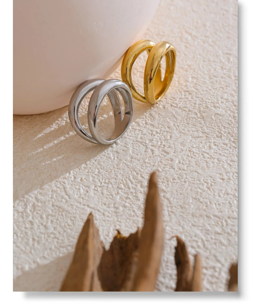 Anel de aço inoxidável, camada dupla geométrica fundida de alta qualidade, textura resistente à água, joias diárias da moda