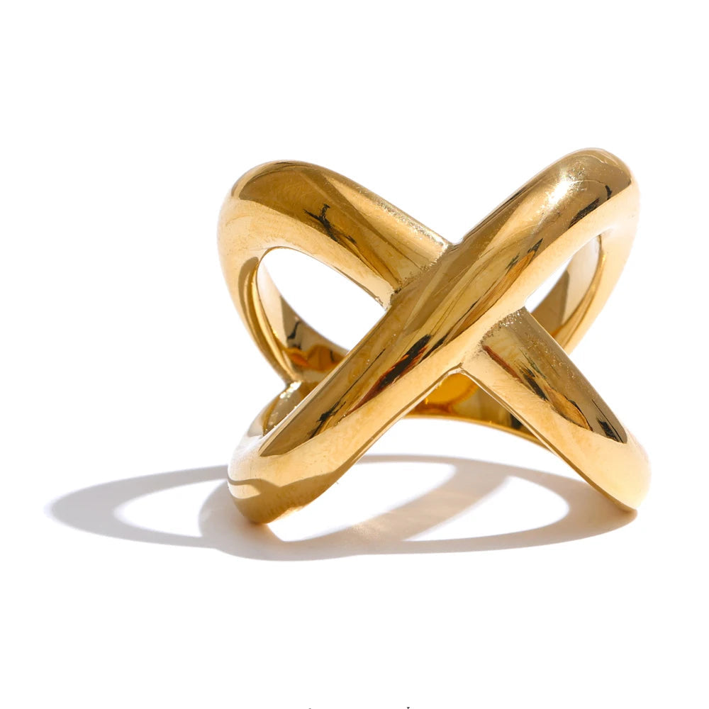 Anel de dedo geométrico em forma de X de aço inoxidável banhado a PVD à prova d'água metal liso joias polidas feitas à mão