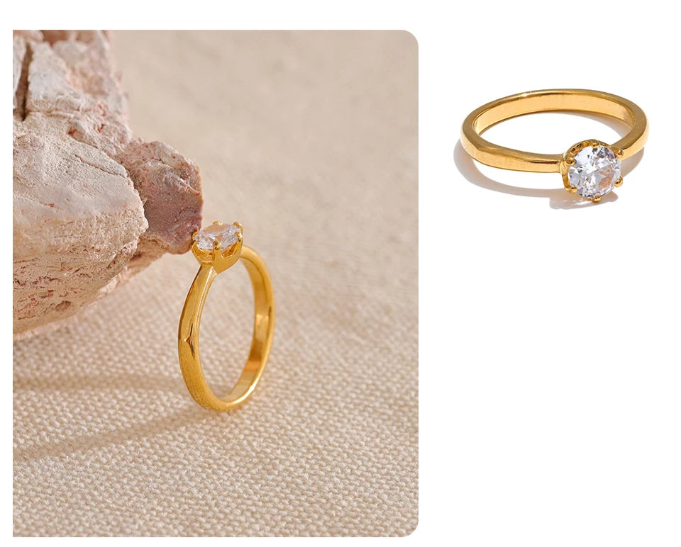 Anel clássico de zircônia cúbica de alta qualidade 18k cor dourada joias charmosas da moda em aço inoxidável