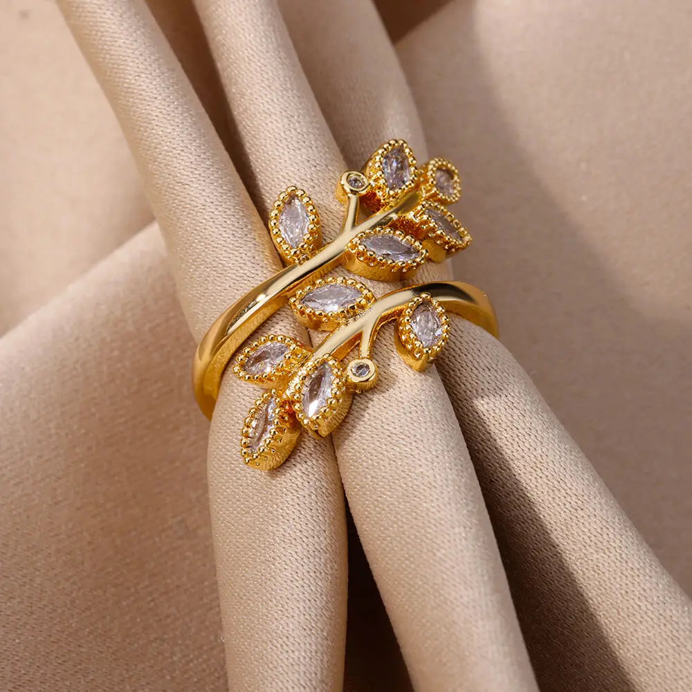 Anel Ajustável Folhas de Zirconio