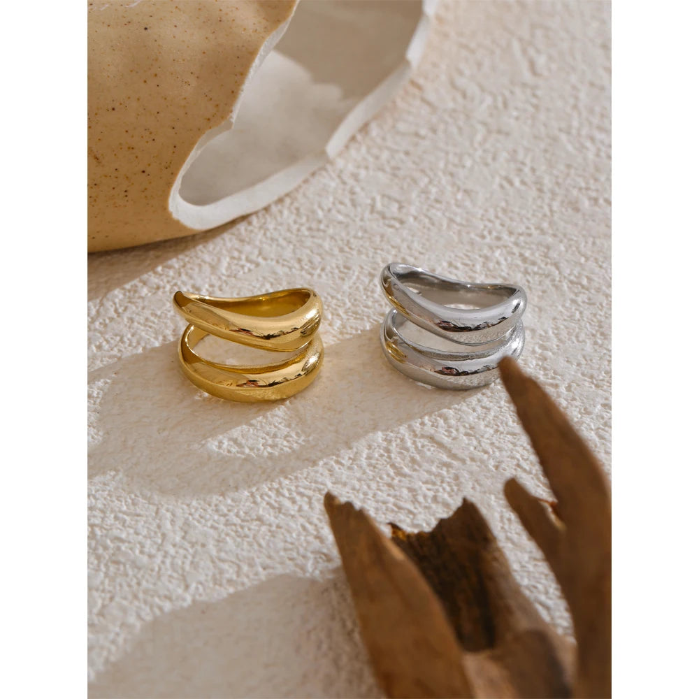 Anel de metal de aço inoxidável, camada dupla geométrica fundida de alta qualidade, textura resistente à água, joias diárias da moda