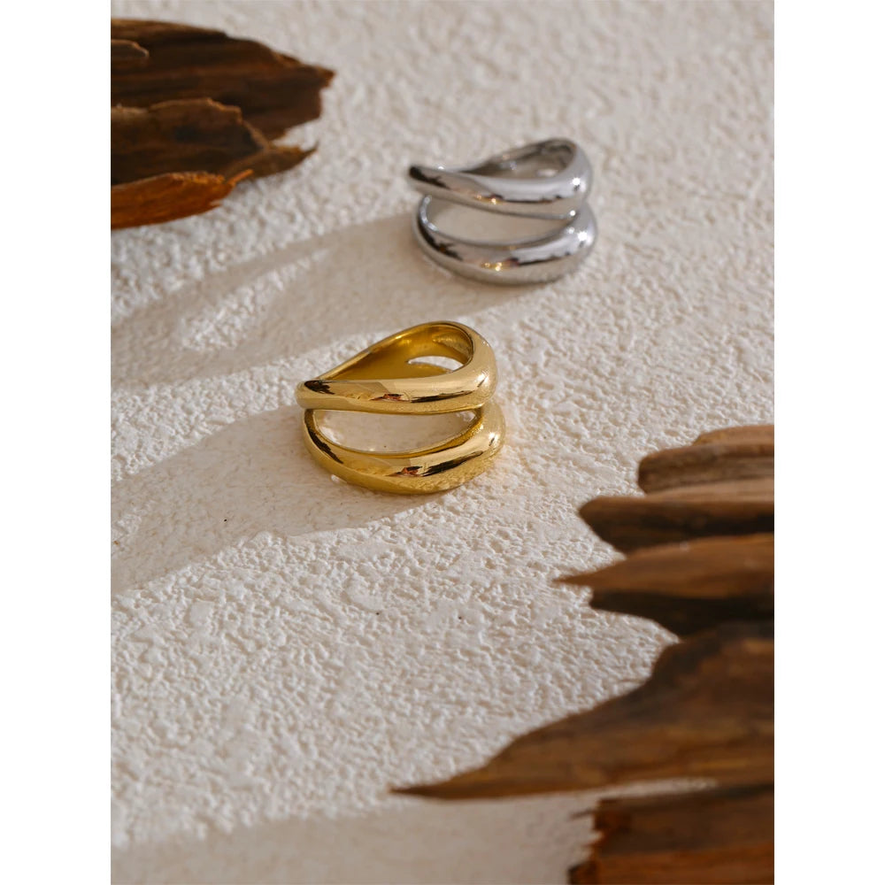 Anel de metal de aço inoxidável, camada dupla geométrica fundida de alta qualidade, textura resistente à água, joias diárias da moda