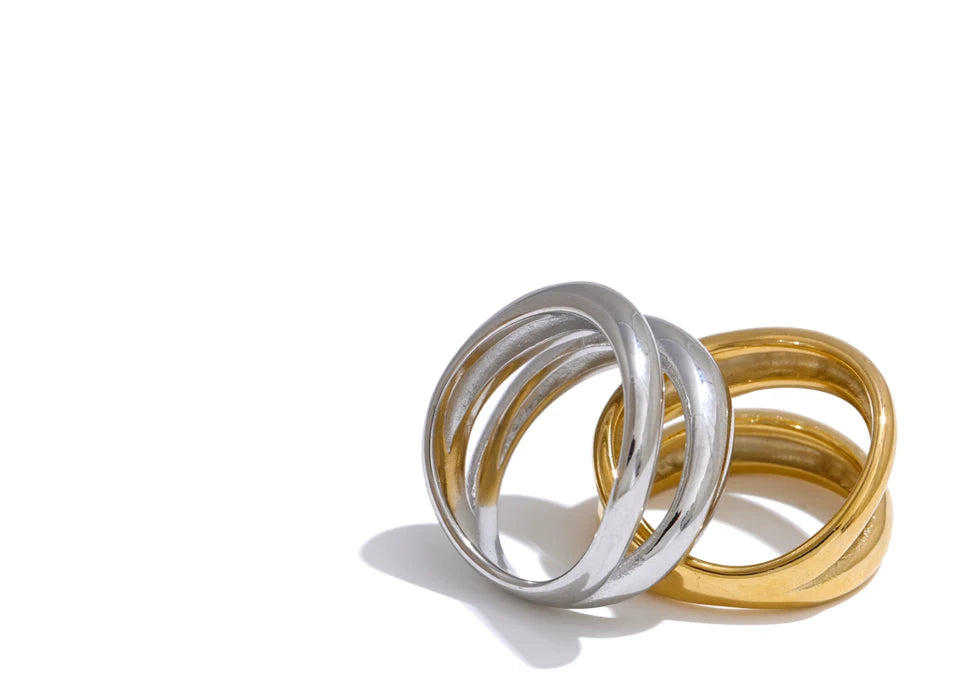 Anel de metal de aço inoxidável, camada dupla geométrica fundida de alta qualidade, textura resistente à água, joias diárias da moda