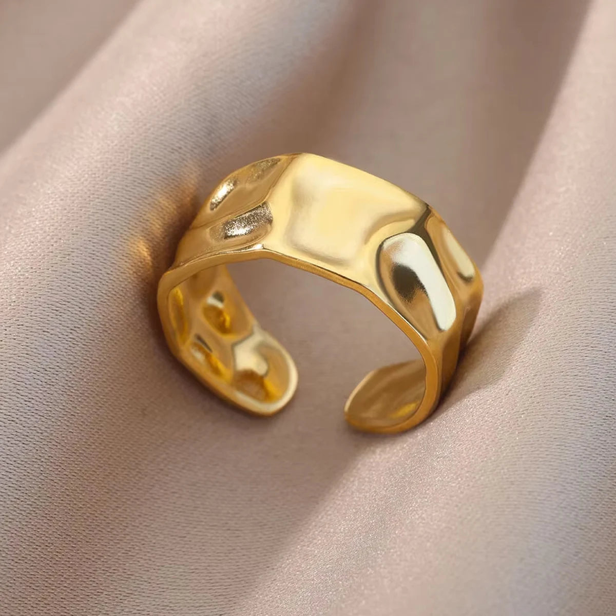 Anel feminino com abertura geométrica irregular, metal dourado, textura dourada, casal, anel de casamento, joias da moda