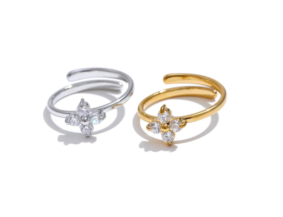 Anel zirconia cúbica flor ajustável