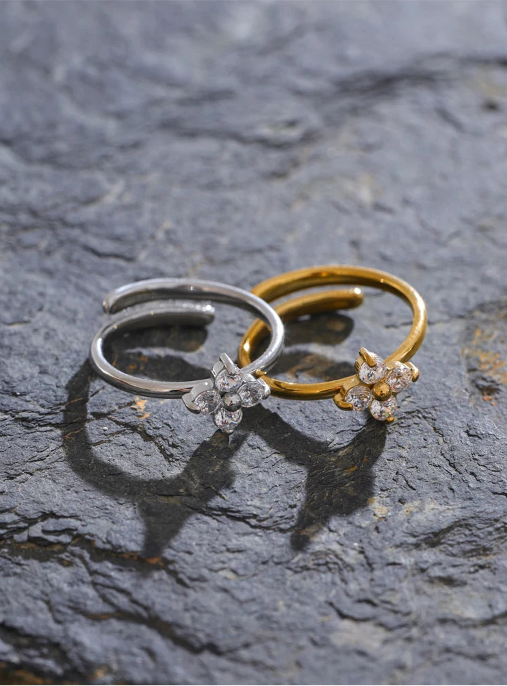 Anel zirconia cúbica flor ajustável