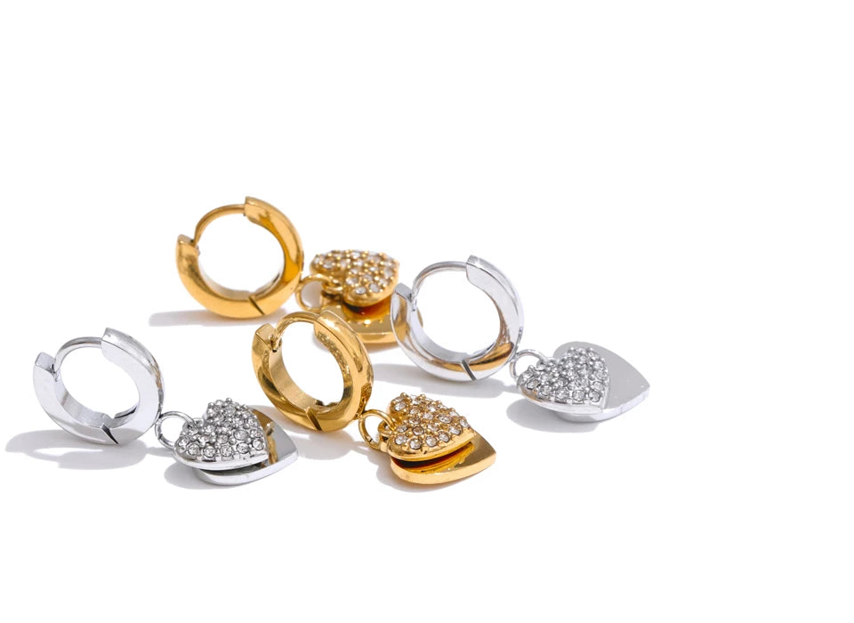 Brincos de argola coração duplo zircônia cúbica