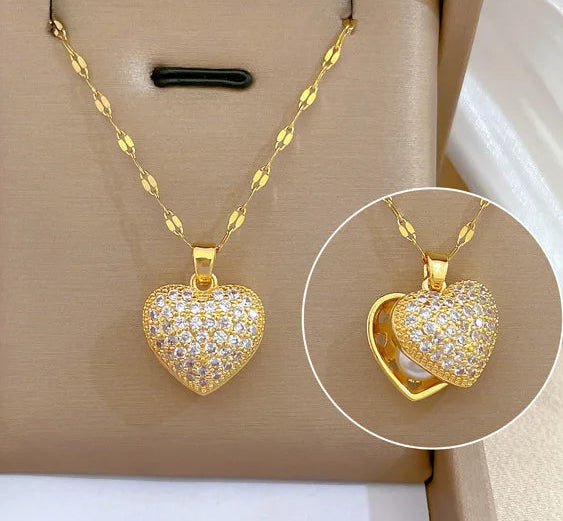 Colar de pérolas, cor dourada, zircônia, amor, coração, corrente, gargantilha, joias de casamento