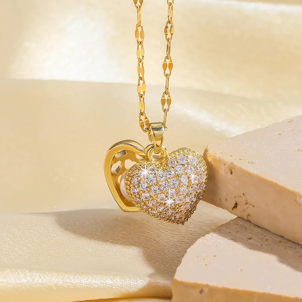 Colar dourado, zircônia, amor, coração, clavícula, corrente, gargantilha, joias de casamento