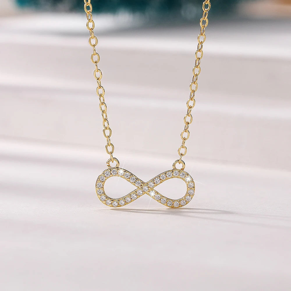 Colar de correntes clavícula para mulheres, pingente figura do infinito 8 com brilhante, cor dourada, joias da moda feminina