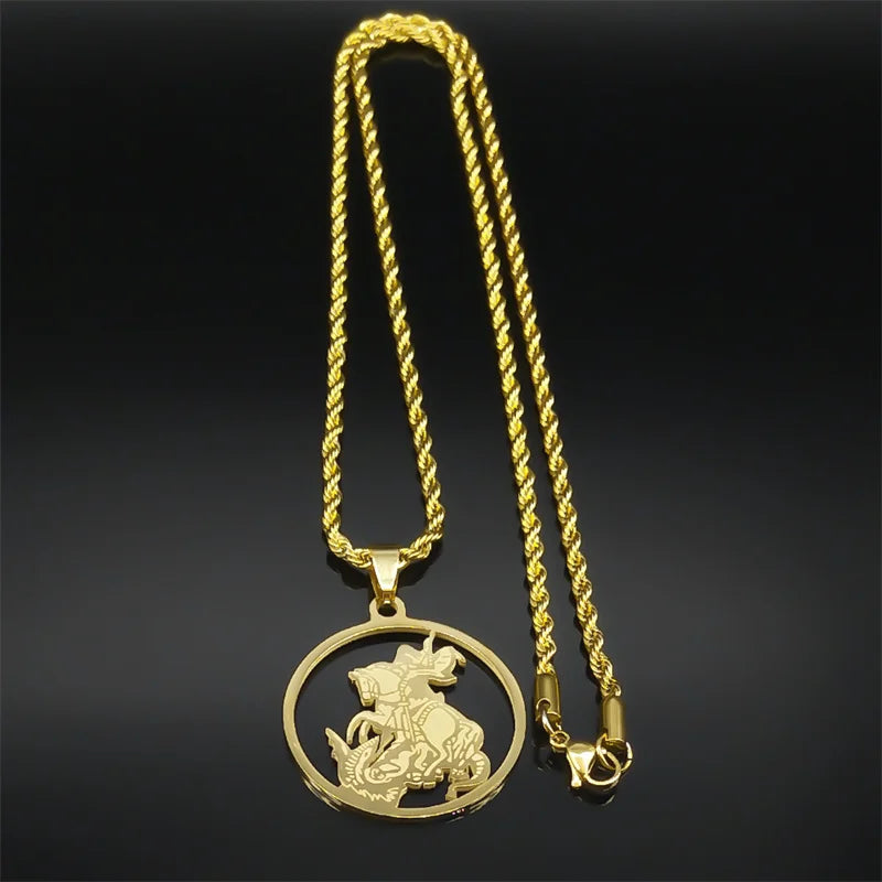 Colar de Pingente para Mulheres Aço Inoxidável, Jóias Religiosas São Jorge