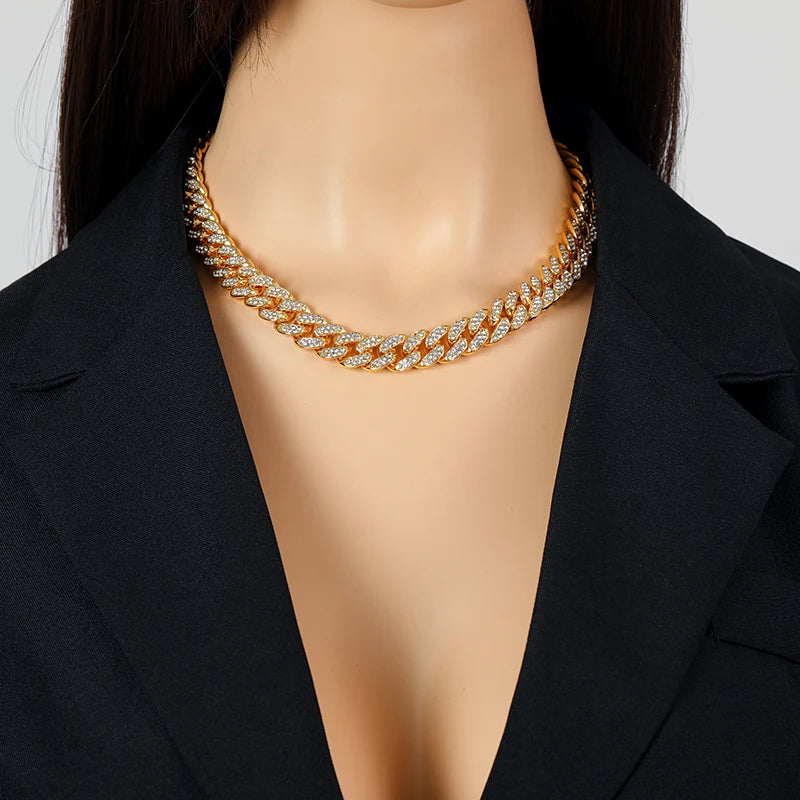 colar cubana corrente strass colar pulseira conjunto para mulheres masculino nova moda punk 18k banhado a ouro à prova dwaterproof água conjunto de jóias
