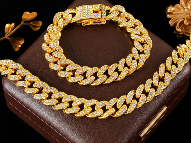 colar corrente strass colar pulseira conjunto para mulheres masculino nova moda punk 18k banhado a ouro à prova dwaterproof água conjunto de jóias