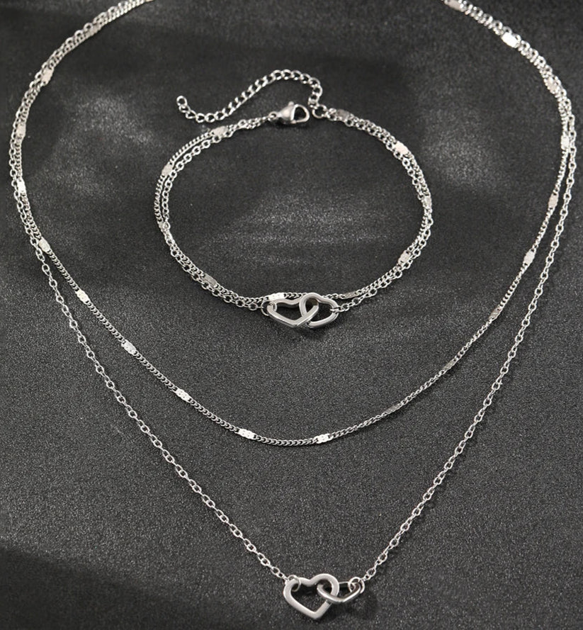 Conjunto Dois Coracoes Prata