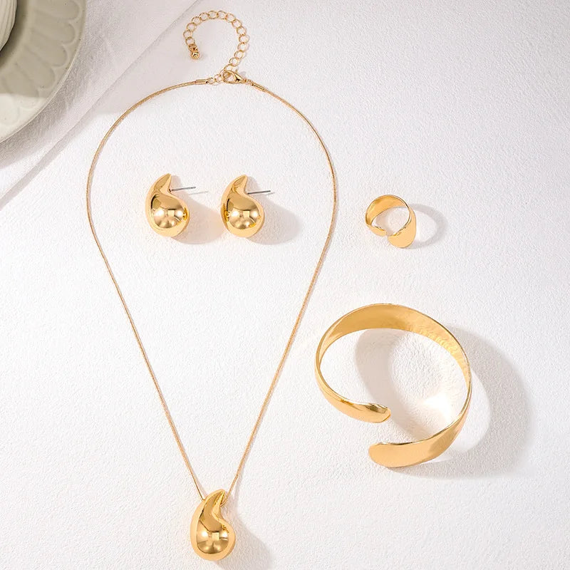 Conjunto de joias para mulheres, pulseiras de metal banhado a ouro, anel de casamento, joias clássicas da moda, brinco e colar, 4 peças