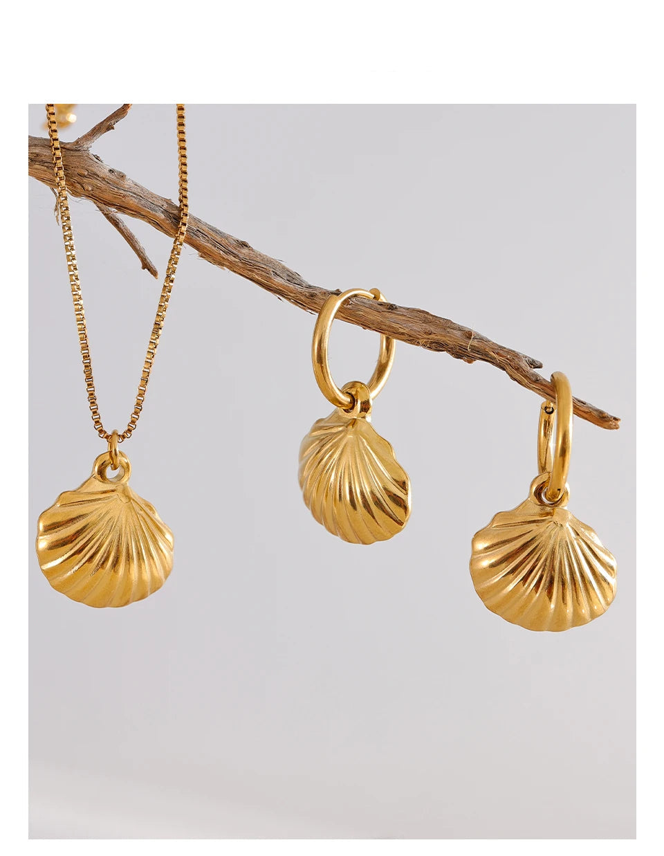 Conjunto de brincos e colar de concha de verão da moda em aço inoxidável cor dourada joias à prova d'água