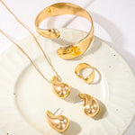 Conjunto gotas de joias para mulheres, pulseiras de metal banhado a ouro, anel de casamento, joias clássicas da moda, brinco e colar, 4 peças