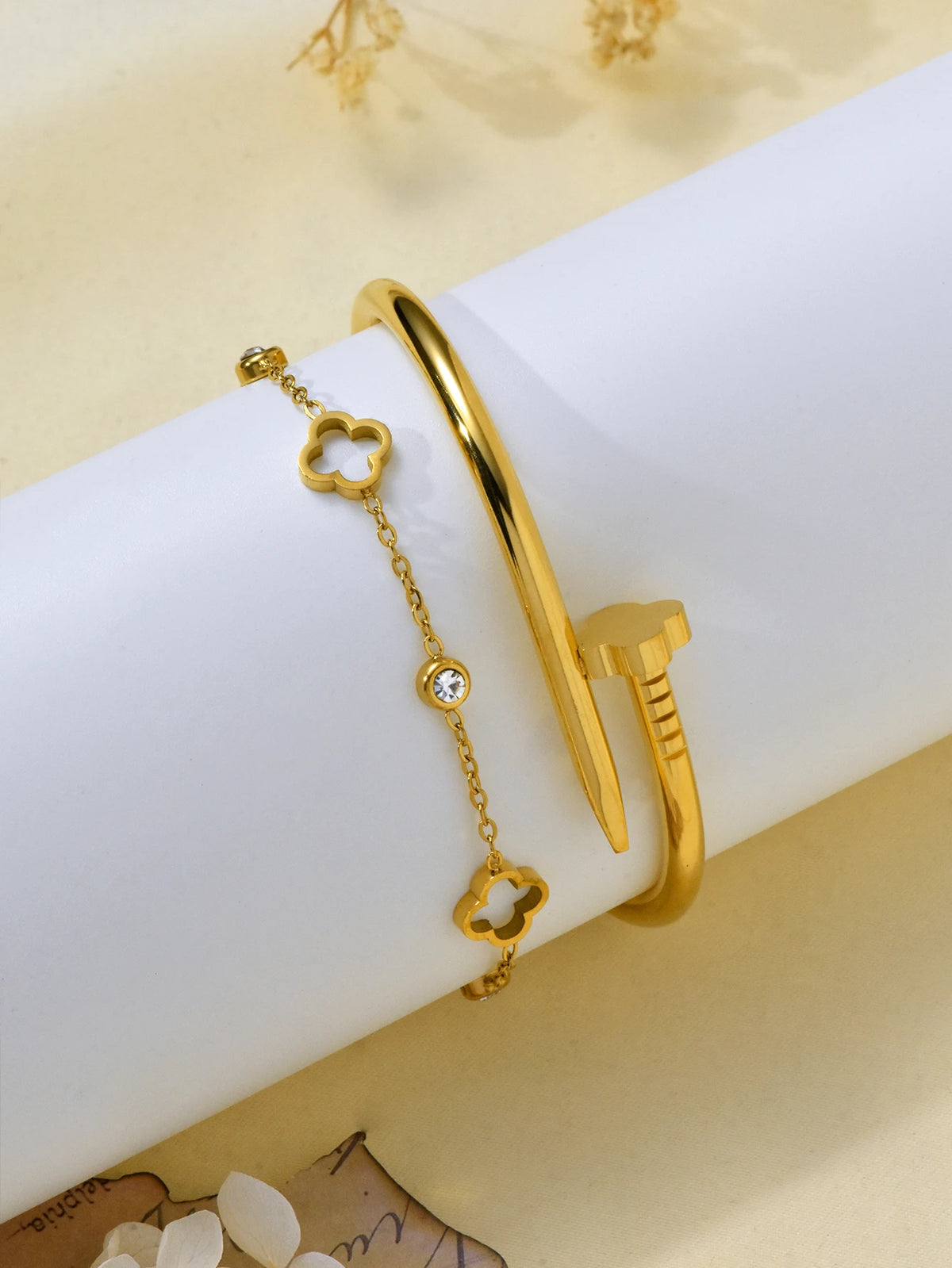 pulseira de trevo de aço inoxidável e conjunto de pulseira de zircônia para acessórios ou presentes diários femininos