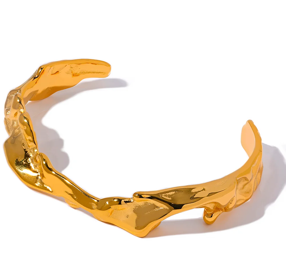 pulseira de punho aberto geométrico irregular, à prova d'água, 18k, cor dourada, aço inoxidável, textura de metal personalizada, joias