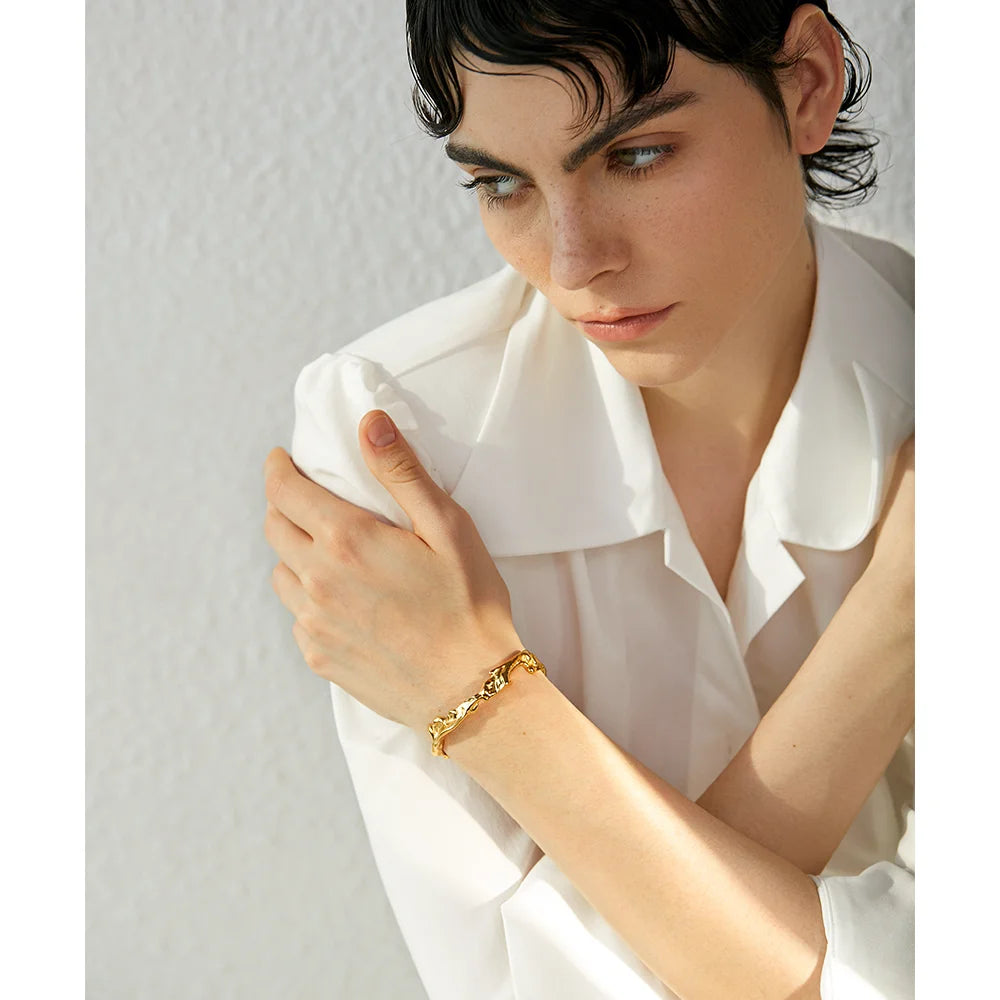 Pulseira de punho aberto geométrico irregular, à prova d'água, 18k, cor dourada,textura personalizada, joias