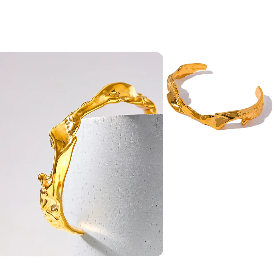 Pulseira de punho aberto geométrico irregular, à prova d'água, 18k, cor dourada, textura de metal personalizada, joias