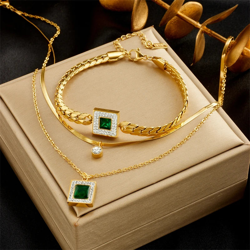 DIEYURO-Aço Inoxidável Cristal Verde Charme Colar e Pulseiras para Mulheres, Nova Tendência, Conjunto de Jóias Não-desbotamento, Presente Quadrado, 316L