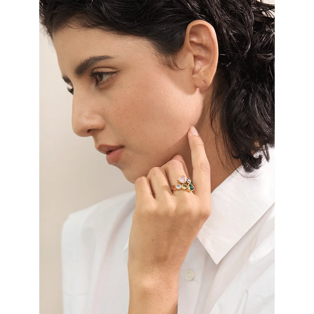 Anel delicado zircônia cúbica coração aço inoxidável cor dourada ajustável moda anel aberto de alta qualidade chique charme joias