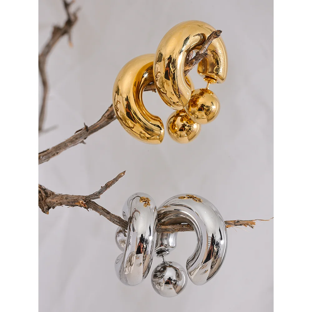 Brincos redondos grossos em forma de C de aço inoxidável, joias incomuns, textura de metal à prova d'água, acessórios atraentes para mulheres, presente