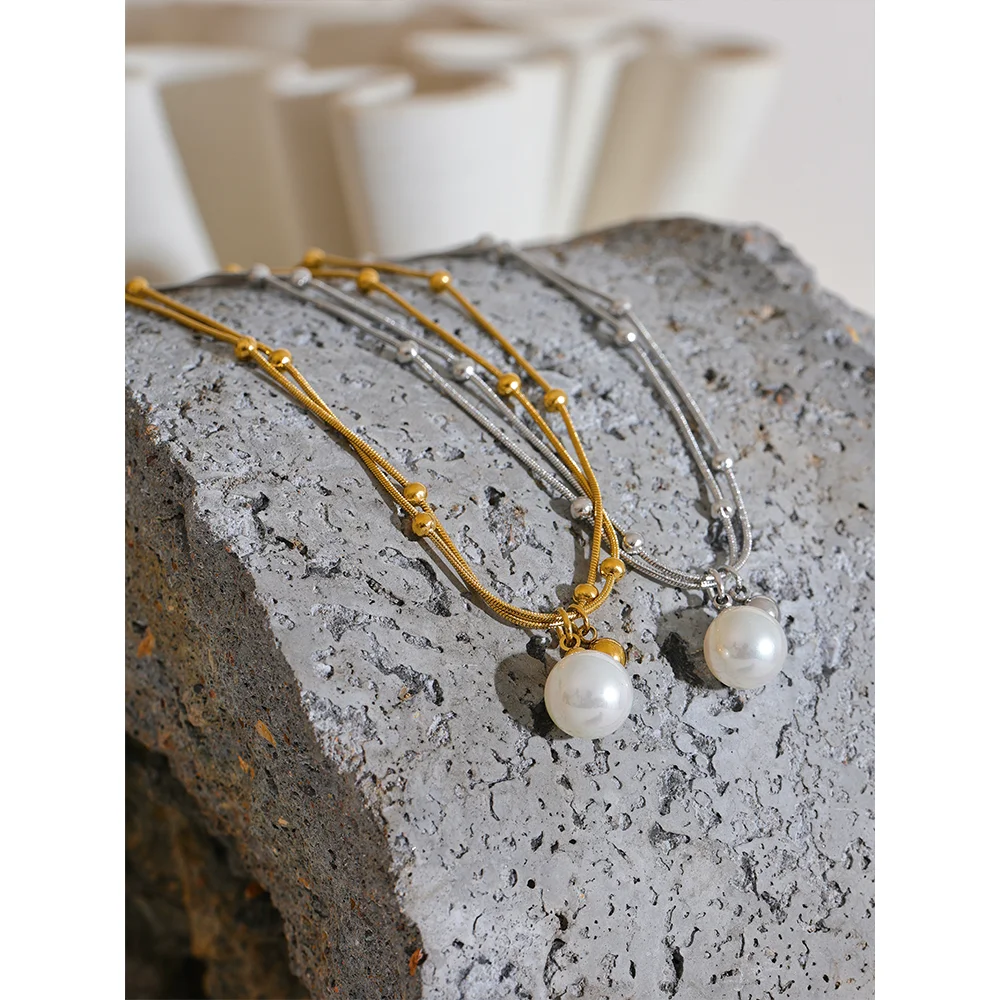 colar de pérolas de aço inoxidável contas redondas corrente pingente colar para mulheres ouro prata cor jóias