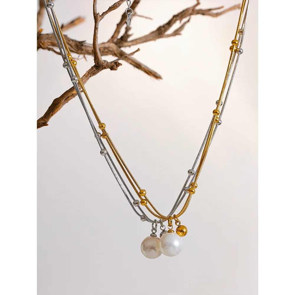 colar de pérolas de aço inoxidável contas redondas corrente pingente colar para mulheres ouro prata cor jóias