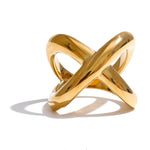 Anel de dedo geométrico em forma de X de aço inoxidável banhado a PVD à prova d'água metal liso joias polidas feitas à mão