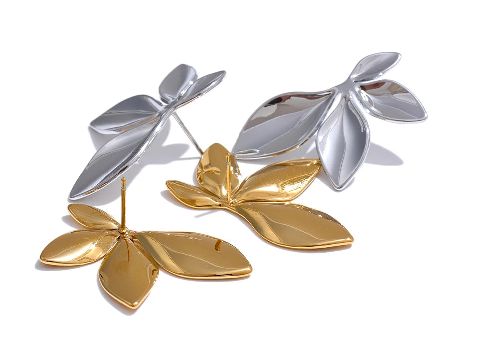 Brinco moda folhas de aço inoxidável flor brincos brilhante anti alergia 