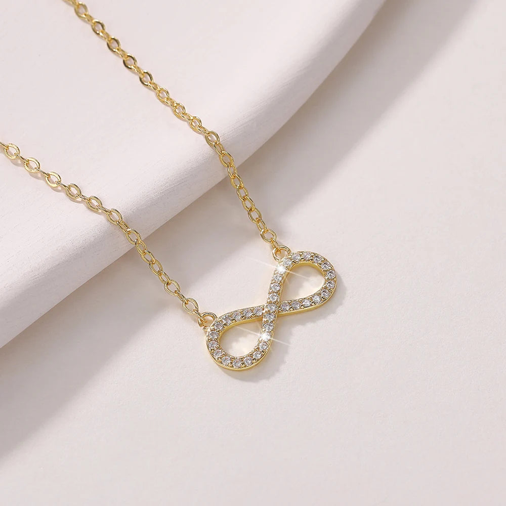 colar de correntespara mulheres, pingente figura do infinito 8 com brilhante, cor dourada, joias da moda feminina