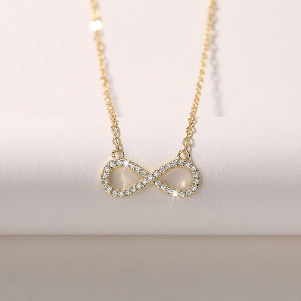 colar de correntes para mulheres, pingente figura do infinito 8 com cz brilhante, cor dourada, joias da moda feminina
