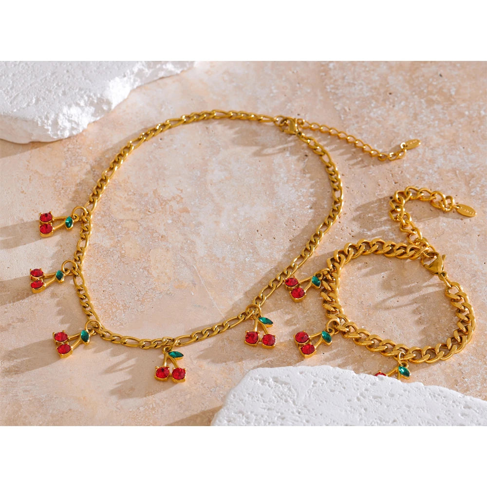 colar e pulseira zircônia cúbica cereja gota corrente 