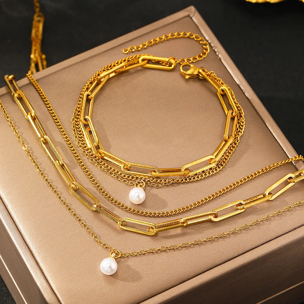 Conjunto de Joias Pérola e Corrente dourado