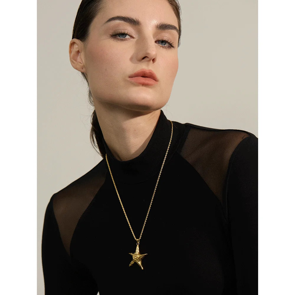 Colar com pingente de estrela do mar em aço inoxidável 316L, à prova de ferrugem, banhado a ouro 18K PVD, joias individuais para férias