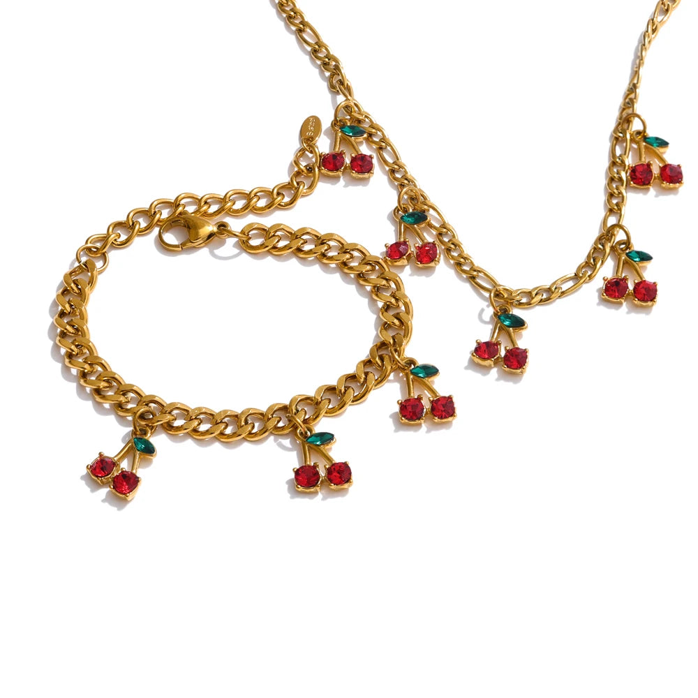 colar cereja gota corrente e pulseira 18k banhado a ouro jóias delicadas
