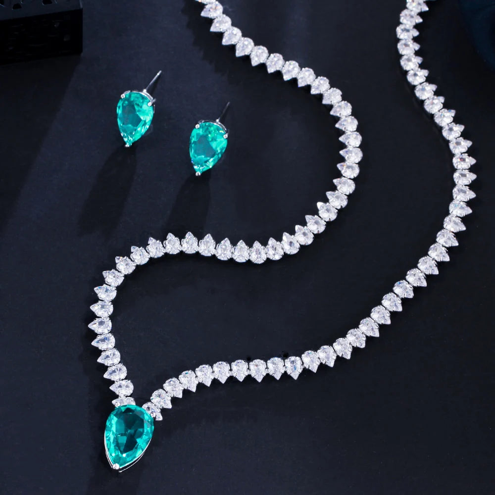 Colar e Brincos Conjunto para Mulheres, Joias Elegantes, Traje de Festa de Noivado, Verde Claro