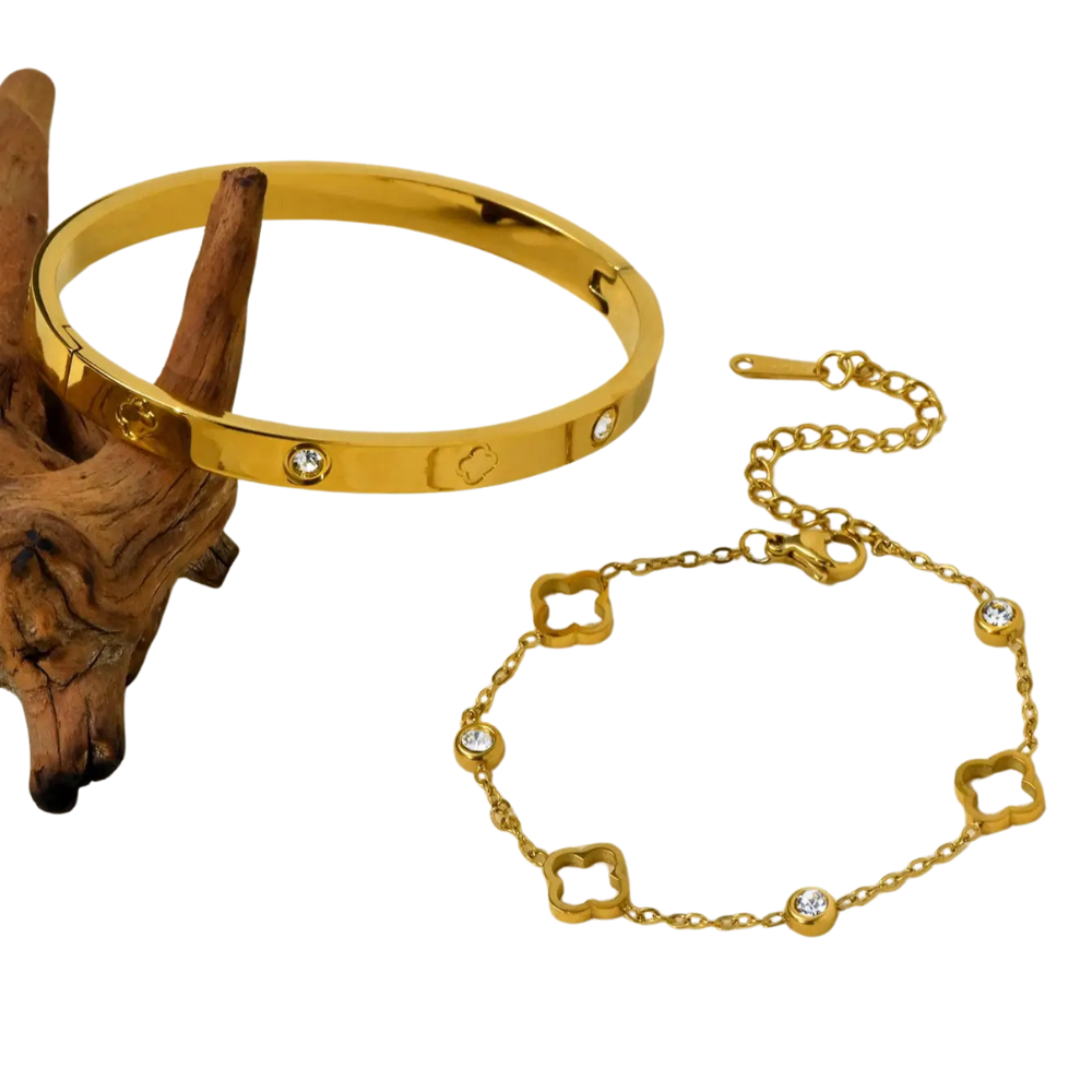 Conjunto Elegante de Pulseiras Trevo e Zircônia