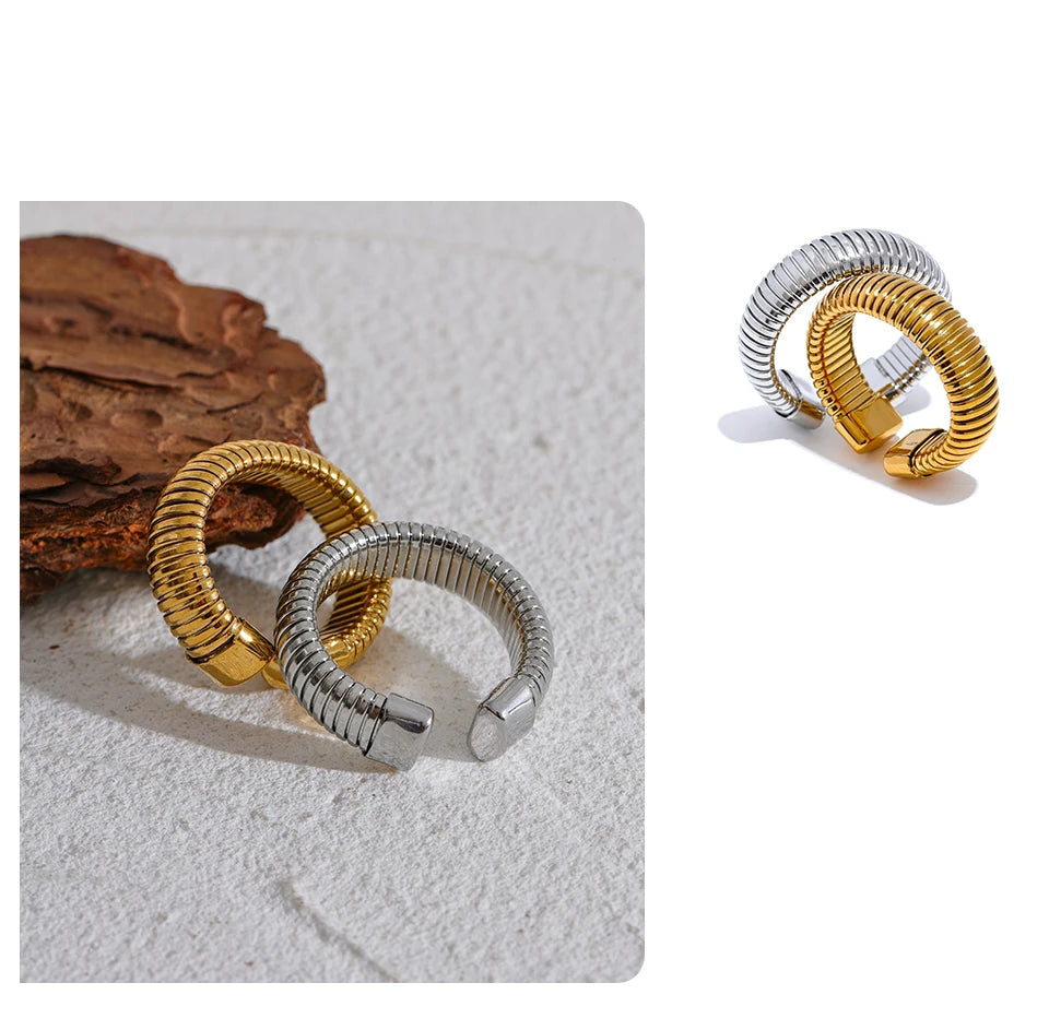 Yhpup moda aço inoxidável redondo elástico aberto anel minimalista 18k pvd banhado metal clássico textura jóias anillo bijoux