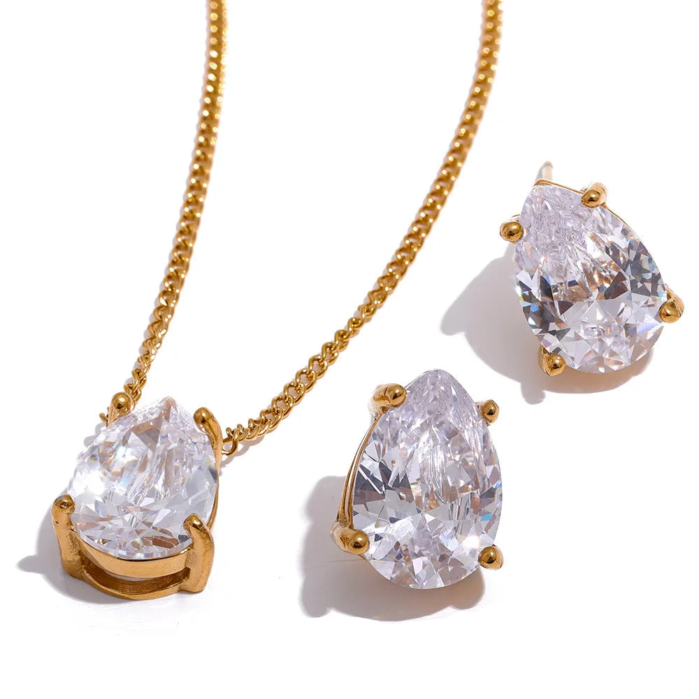 Conjunto delicado brilhante zircônia cúbica aço inoxidável gota de água pingente colar brincos à prova dágua jóias chique festa 