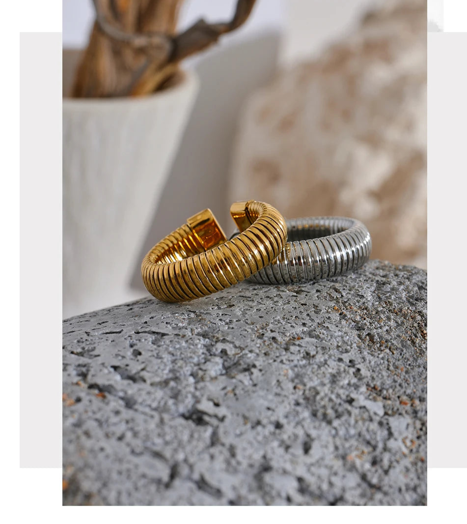 Yhpup moda aço inoxidável redondo elástico aberto anel minimalista 18k pvd banhado metal clássico textura jóias anillo bijoux
