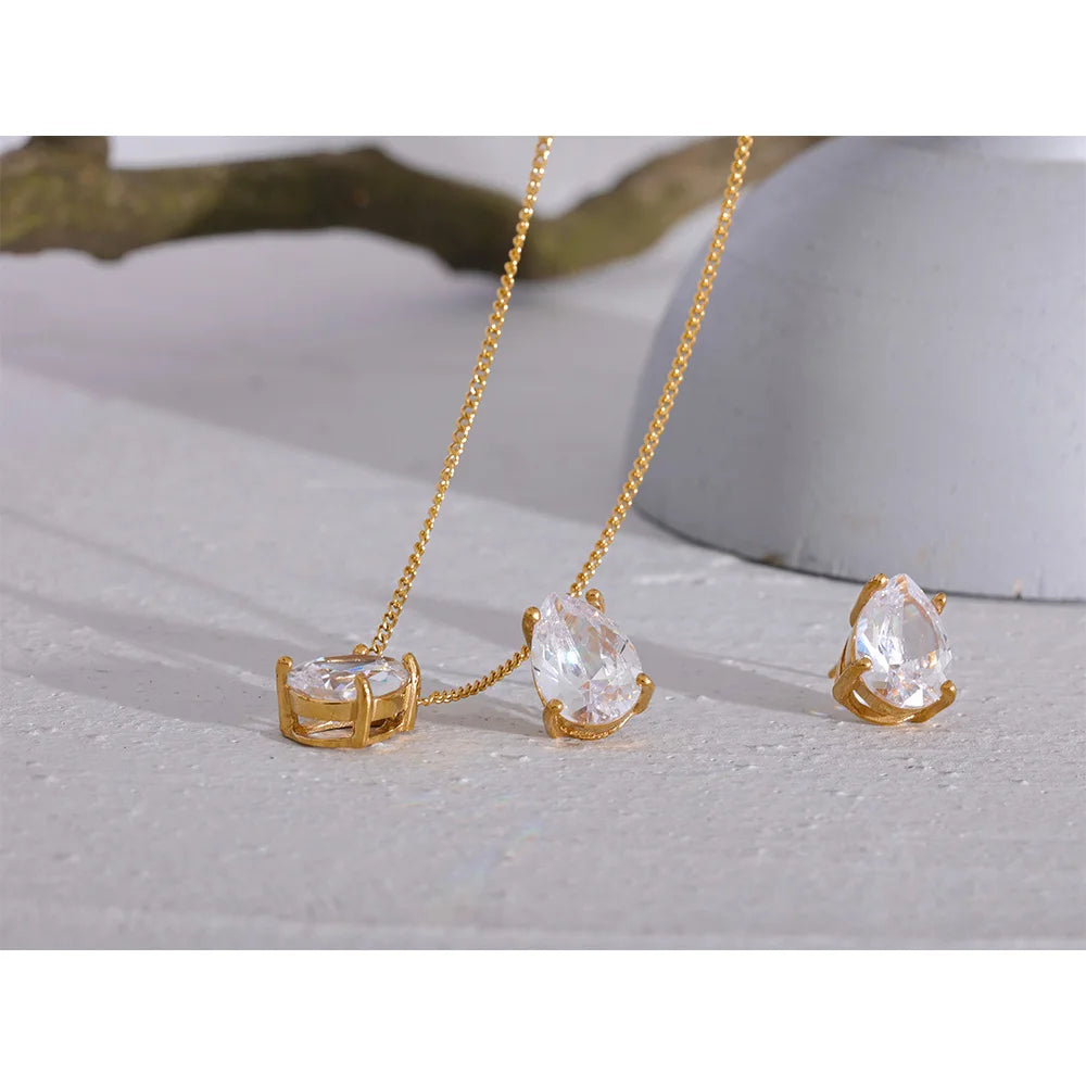 Conjunto delicado brilhante zircônia cúbica aço inoxidável gota de água pingente colar brincos à prova dágua jóias chique festa presente