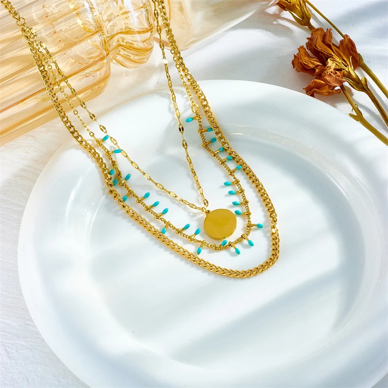 Xiyanike 316l aço inoxidável colar dourado três correntes círculo pingente nova chegada acessórios para mulheres jóias presente collier