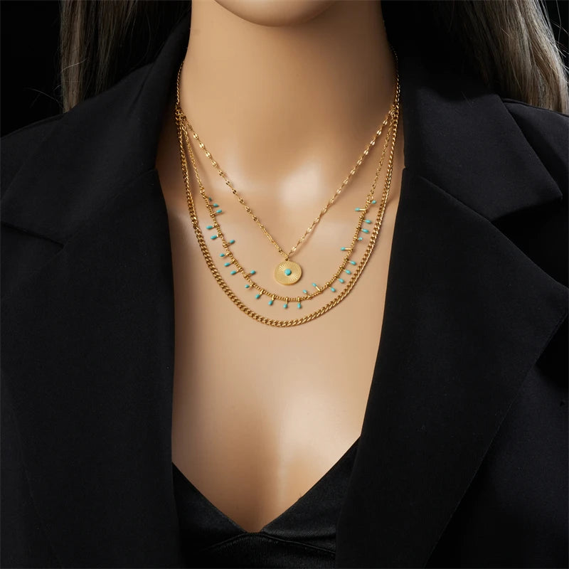 Xiyanike 316l aço inoxidável colar dourado três correntes círculo pingente nova chegada acessórios para mulheres jóias presente collier